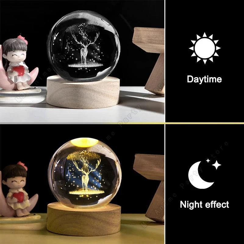 3D Crystal Ball Night Light LED Lamp - Glowing Elk Deer Design for Bedside Table, Ideal Birthday Gift and Room Decoration (5cm)