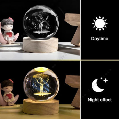 3D Crystal Ball Night Light LED Lamp - Glowing Elk Deer Design for Bedside Table, Ideal Birthday Gift and Room Decoration (5cm)