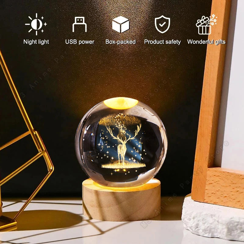 3D Crystal Ball Night Light LED Lamp - Glowing Elk Deer Design for Bedside Table, Ideal Birthday Gift and Room Decoration (5cm)