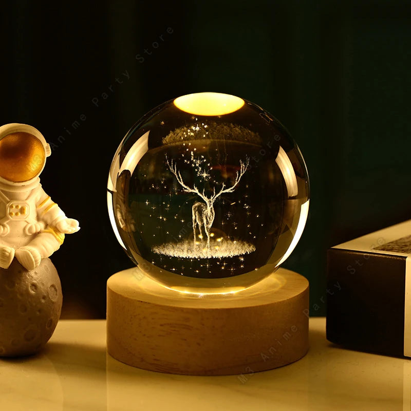 3D Crystal Ball Night Light LED Lamp - Glowing Elk Deer Design for Bedside Table, Ideal Birthday Gift and Room Decoration (5cm)