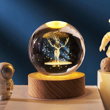 3D Crystal Ball Night Light LED Lamp - Glowing Elk Deer Design for Bedside Table, Ideal Birthday Gift and Room Decoration (5cm)