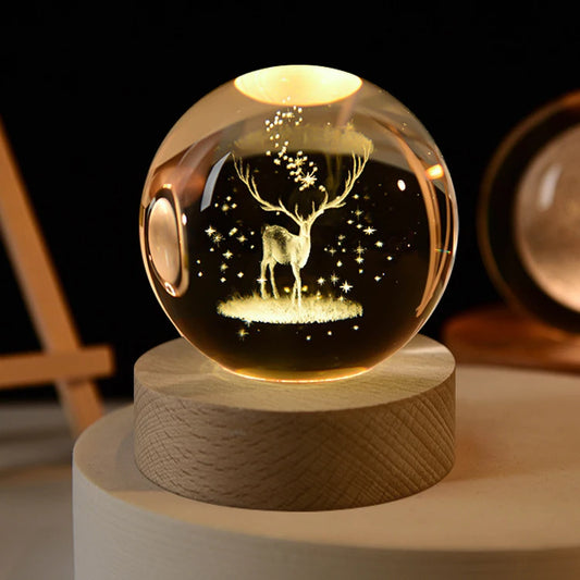 3D Crystal Ball Night Light LED Lamp - Glowing Elk Deer Design for Bedside Table, Ideal Birthday Gift and Room Decoration (5cm)